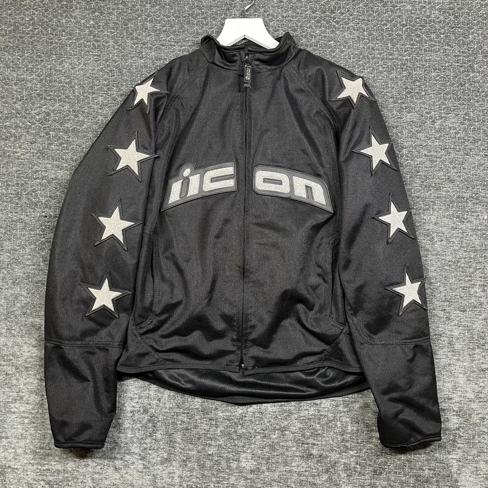 Icon Hooligan 54 Silver Star Jacket Mens XL Black Good Mesh Moto Biker Full Zip